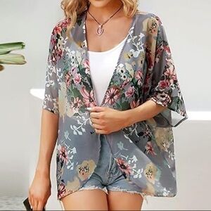 NWOT Amazon Women's Floral Print Puff Sleeve Kimono Cardigan Loose Cover Up